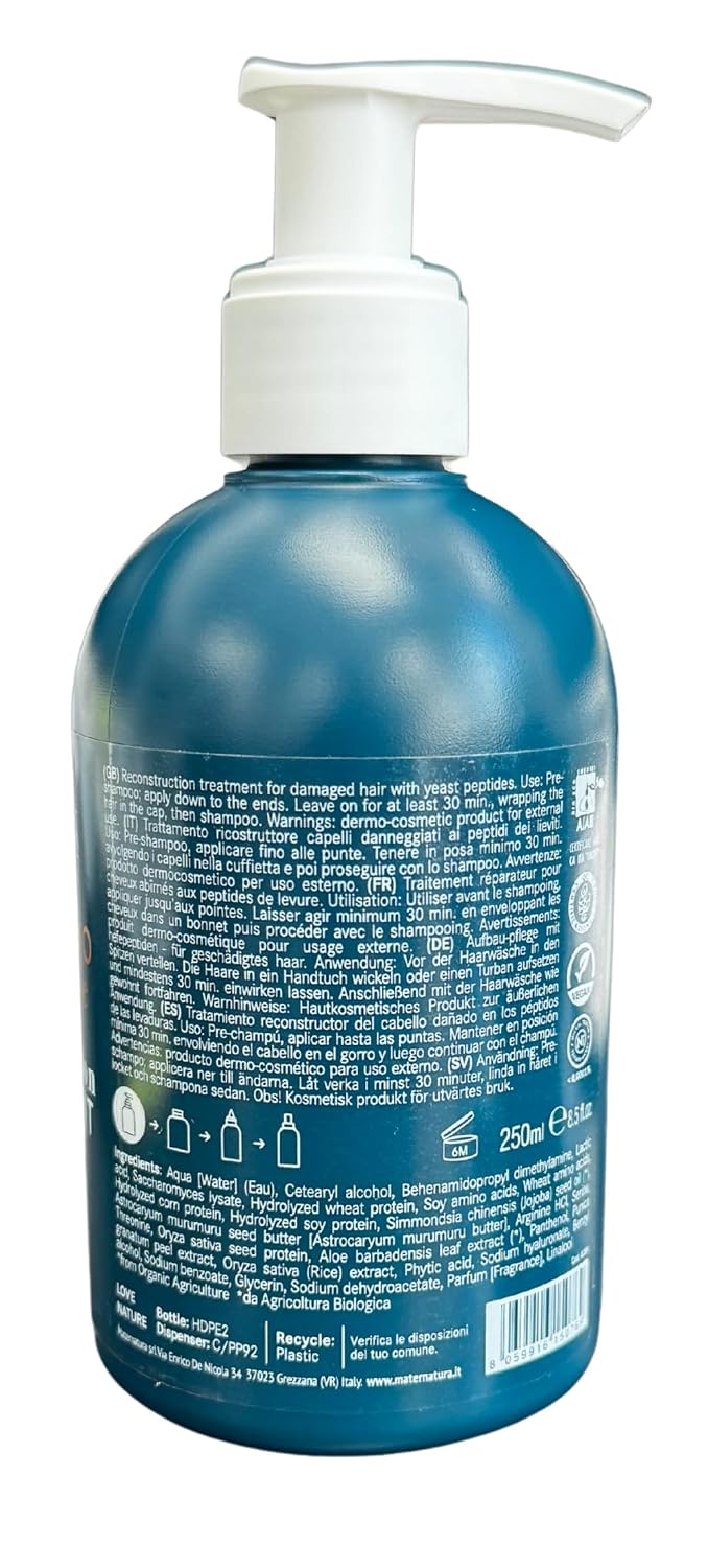Maternatura EcoBiorganic Reconstruction Treatment with Yeast Peptides for Damaged Hair, Pre-Shampoo Mask. 8.45 Oz